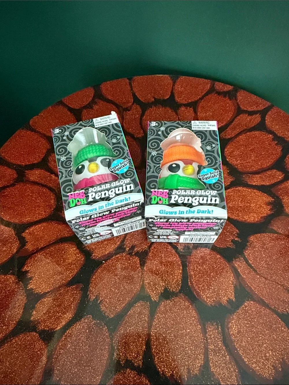 2- Pack HTF Needoh Polar Glow Penguins - Green & Orange Hats